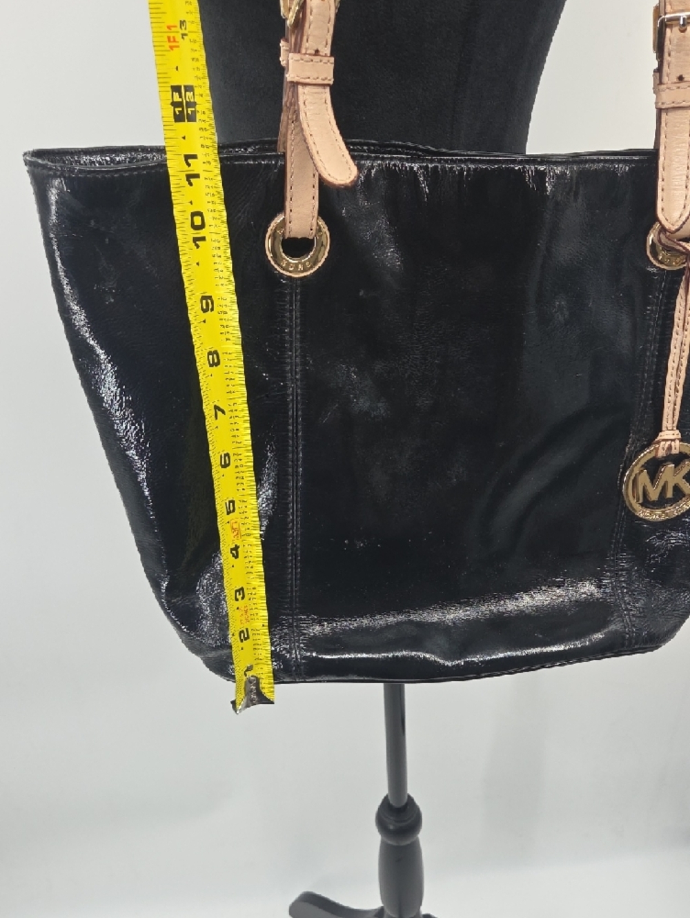 Michael Kors Black Patent Tote with Tan Straps and Gold MK Charm - Picture 14 of 16